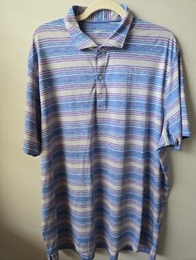 johnnie-O Striped Polo in Blue and Cream with Pink Accents